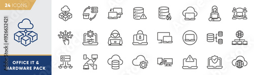 Office IT Hardware & Cloud Network Line Icons Pack