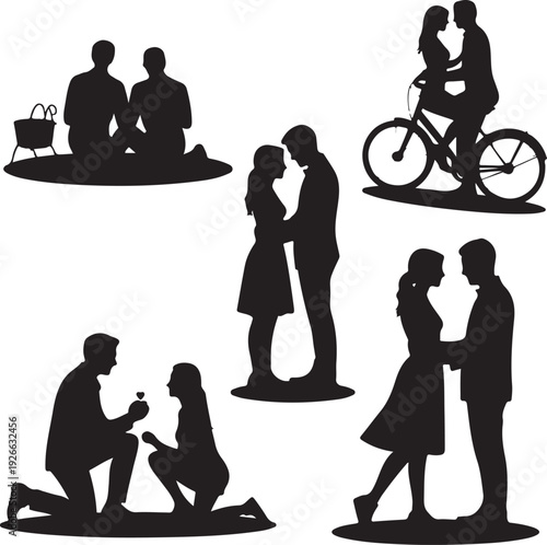 black silhouettes of romantic couples in various loving poses and activities together