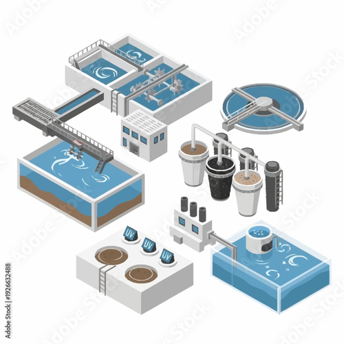 Isometric Water Treatment Plant Elements for Purification and Filtration.
