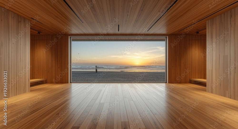 Fototapeta premium Expansive wooden gallery and large window in modern interior overlooking sunset beach scene suitable for product display