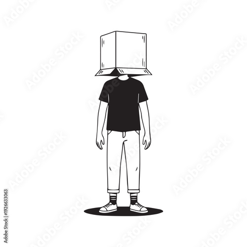Black and white line art illustration of a person standing with a cardboard box covering their head. Minimalist vector drawing of an anonymous man hiding.
