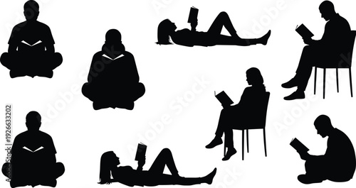 People reading books silhouettes collection, isolated human figures studying, relaxing and learning concept illustration on white background