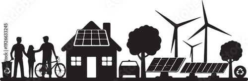 Black silhouette of family with ecofriendly home and renewable energy sources
