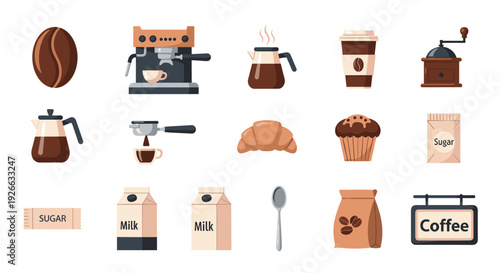 Collection of various flat vector icons showing coffee brewing items, breakfast pastries, and ingredients on a white background.
