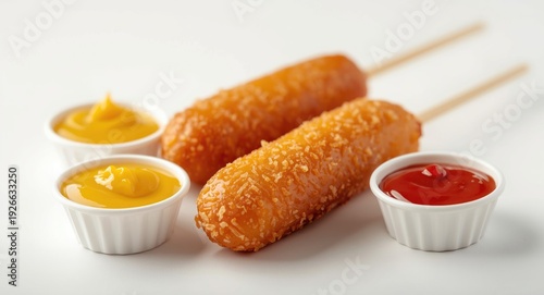 Tasty corn dogs with a cris...