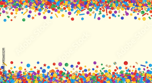 Festive celebration border with scattered colorful confetti stars and dots on a light background, perfect for party invitations and decorations