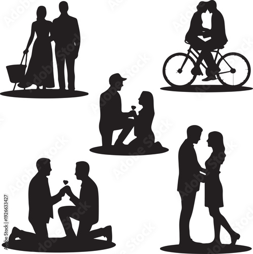 Black silhouettes of romantic couples in various loving poses and activities together