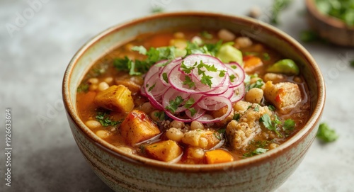 Green vegan pozole bowl wit...