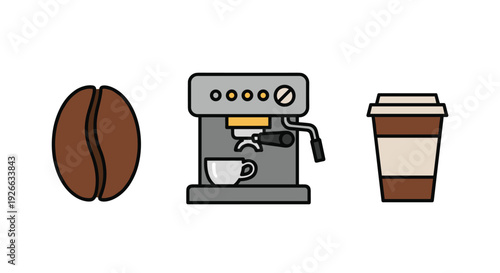 Flat vector icons of a single coffee bean, an espresso maker, and a to-go cup on a white background, featuring basic design.