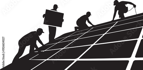 Black silhouette of four workers installing solar panels on roof