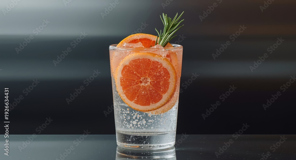 Naklejka premium Sparkling hard seltzer drink with grapefruit slices and rosemary garnish
