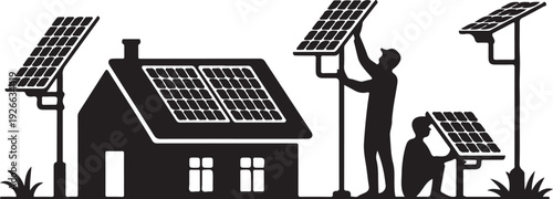 Black silhouette of house with solar panels on roof and men installing panels
