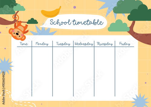 Printable colorful school timetable cute kid friendly illustrations and organized schedule layout, designed for classroom planning, homeschooling, nursery decor, daily routine management