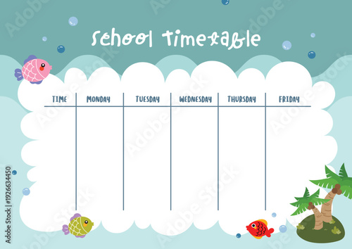 Printable colorful school timetable cute kid friendly illustrations and organized schedule layout, designed for classroom planning, homeschooling, nursery decor, daily routine management