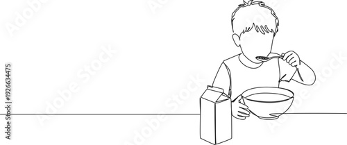 continuous line drawing of boy eating cereals for breakfast, line art vector illustration