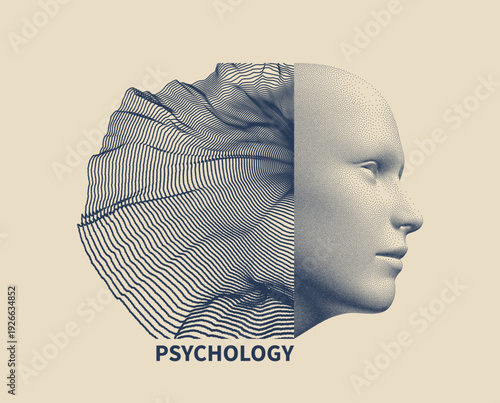 Digital human head. Psychology. Focus of thoughts and consciousness. Time for reflection. The energy of idea generation. Artificial intelligence. Vector for a brochure, cover, presentation, or banner.