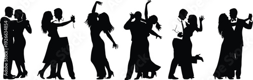 Silhouette couples dancing together in elegant romantic poses, isolated black figures showing ballroom movement, partnership rhythm, celebration and love expression