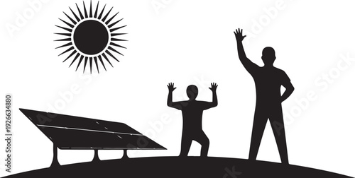 Black silhouette of man and child standing next to solar panel under sun