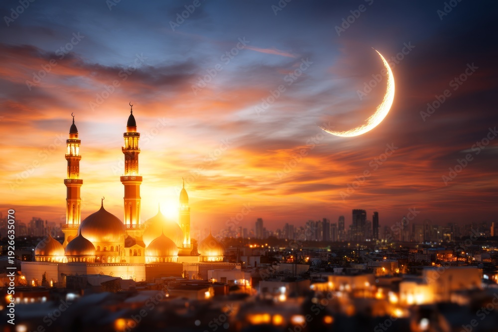 Fototapeta premium Elevated Perspective of Clay Mosque Silhouette Against Sunset Sky and Crescent Moon