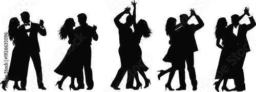 Silhouette dancing couples in elegant romantic poses, isolated black figures showing ballroom movement, partnership rhythm, graceful dance expressions and celebration
