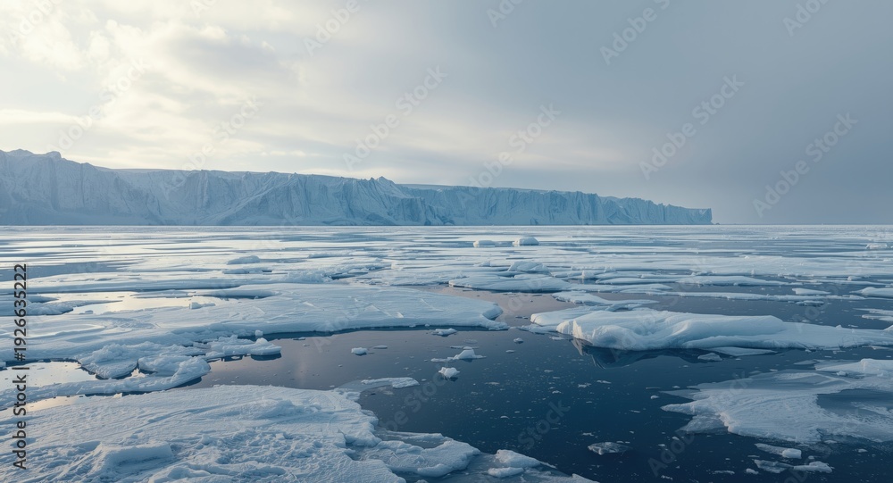 Obraz premium Cartoon style winter ocean scene with expansive flat ice and glacier background