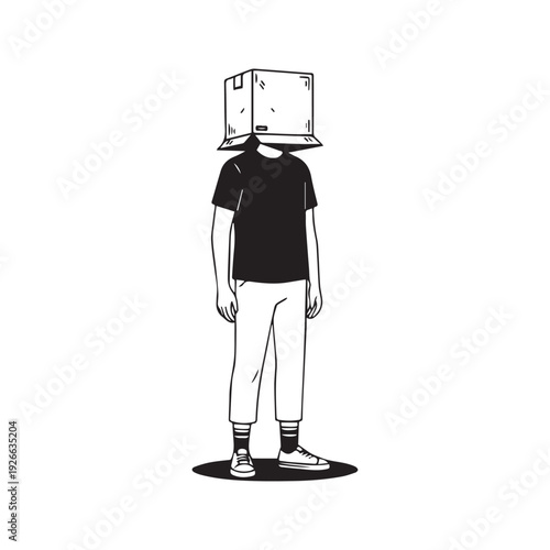 Black and white line art illustration of a person standing with a cardboard box covering their head. Minimalist vector drawing of an anonymous man hiding.
