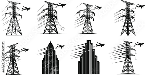 Silhouette electric transmission towers and modern buildings with airplanes flying across dynamic industrial energy scene featuring bold high contrast urban infrastructure artwork