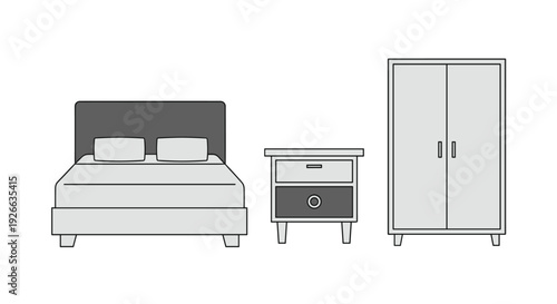 Line art style set of grey bedroom furniture icons featuring a bed, a nightstand with a drawer, and a closed wardrobe.