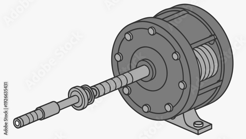 A detailed vector illustration of a mechanical winch with a rotating drum and screw thread