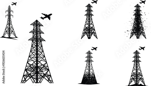 Silhouette electric transmission towers with airplanes flying above creating dramatic industrial energy scene featuring bold high contrast power infrastructure illustration elements