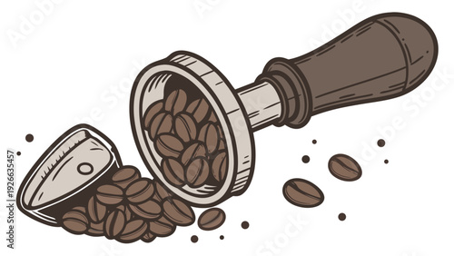 A vector graphic illustration of a coffee tamper with coffee beans spilling out