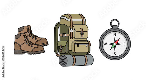 Outdoor adventure equipment set with brown hiking boots, a large backpack with a sleeping roll, and a navigation compass.