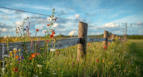 Wallpaper Mural Lush wildflowers in full bloom beside a rustic wood fence with a peaceful sky and soft white clouds Torontodigital.ca