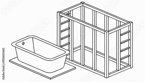 A vector graphic illustration of a bathtub and shower frame in a minimalist line art style