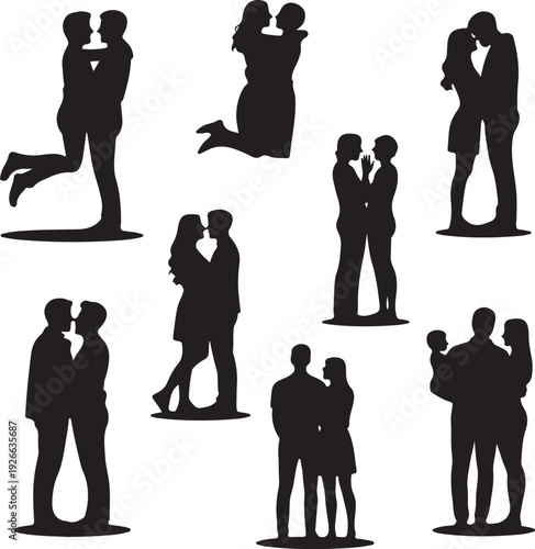 black silhouettes of romantic couples kissing and hugging each other