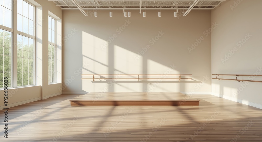 Obraz premium Airy dance studio environment featuring big windows and a modest stage with copy space