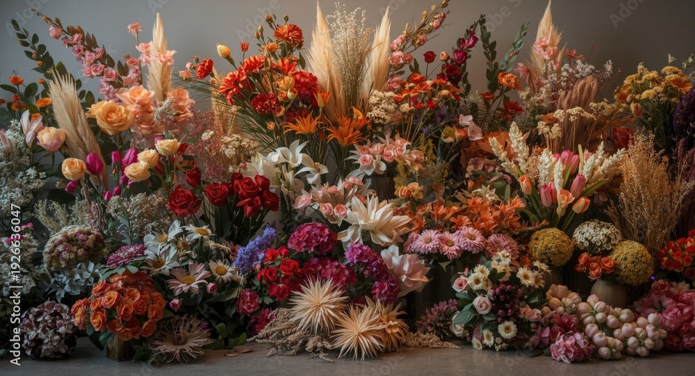Fototapeta premium Modern retail flower spread offering diverse colorful options for interior floral styling