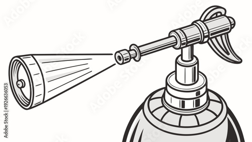 A black and white vector graphic illustration of a spray bottle nozzle spraying liquid
