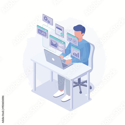 An isometric illustration of a man using a laptop as an AI productivity assistant with floating interface elements and graphs.