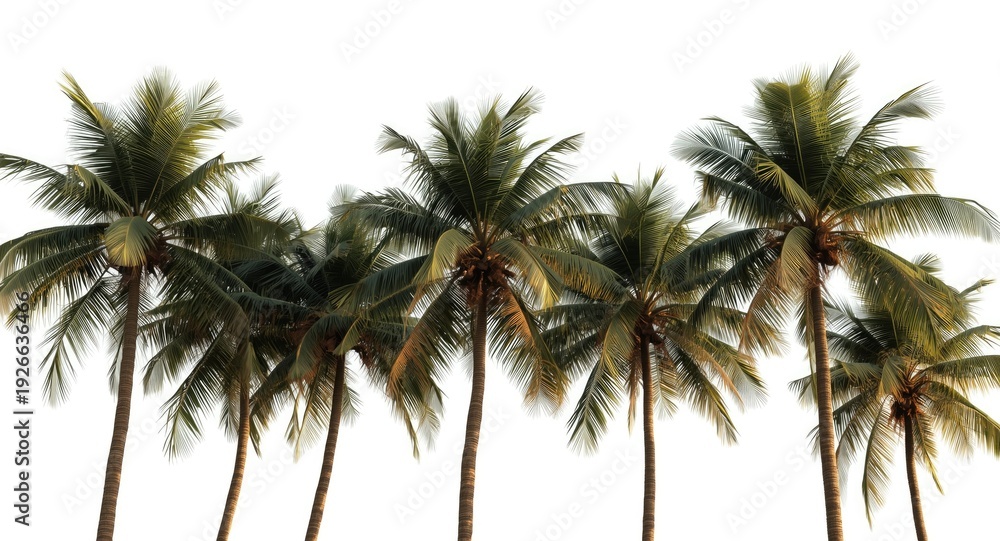 Obraz premium Summer grown palm and coconut trees with thick trunks on white isolated backdrop