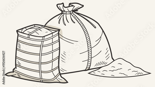A minimalist line art illustration of a large sack and a barrel with a pile of sand next to them.