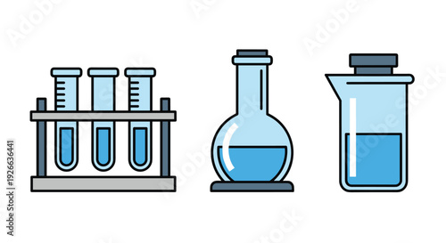 Set of three blue chemical laboratory glassware items: test tubes in a rack, a round bottom flask, and a beaker.