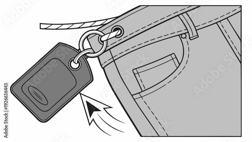 A vector graphic illustration of a car key attached to a pants pocket with a keychain