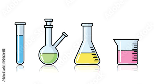 Colorful flat design lab glassware: a test tube, a round bottom flask, an Erlenmeyer flask, and a measuring beaker.
