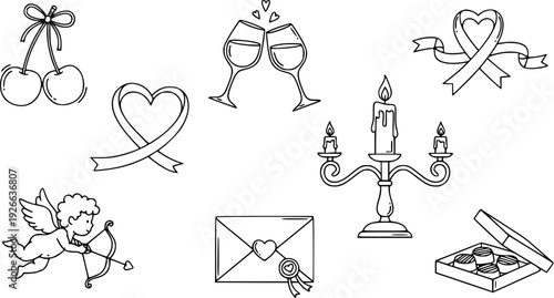 Romantic Valentine Elements Featuring Line Art Of Hearts Cupid Wine Glasses Candles Chocolate And Letters
