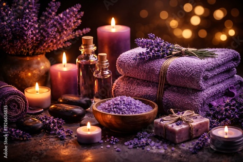 A serene spa still life featuring vibrant lavender flowers, purple bath towels, lit candles, essential oils, bath salts, and artisanal soap, creating a luxurious and relaxing ambiance.