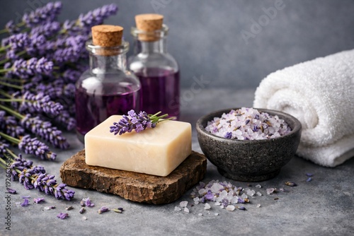 A still life composition featuring lavender spa products including essential oil bottles, natural soap, bath salts, fresh lavender flowers, and a white towel on a rustic grey background.