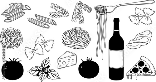 Italian Cuisine Elements Featuring Line Art Of Various Pasta Shapes Pizza Wine Tomato Basil And Cheese