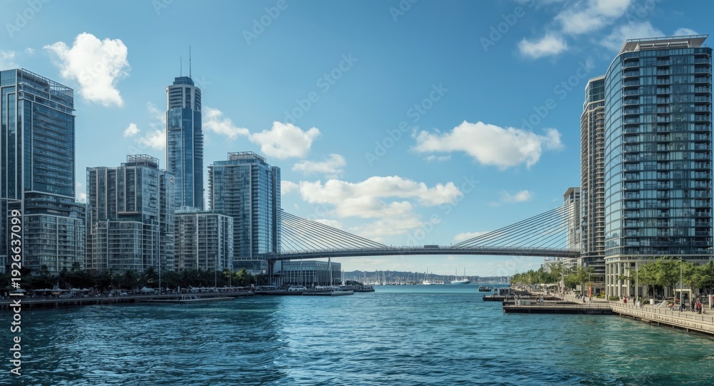 Obraz premium Urban waterfront scene with high rise buildings and connecting bridges