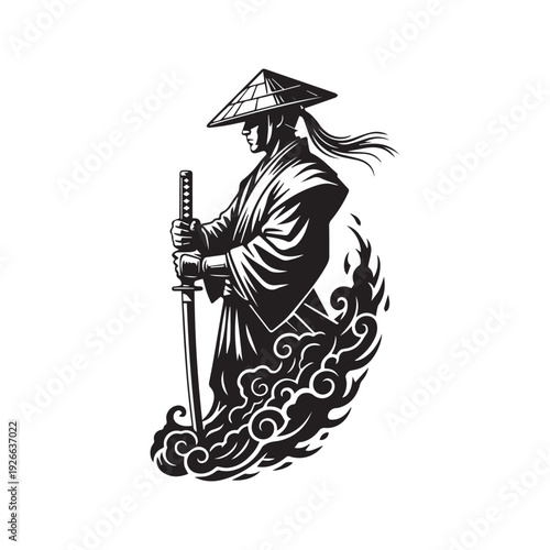 Samurai Warrior Silhouette Tribal Tattoo Vector Design with Sword

